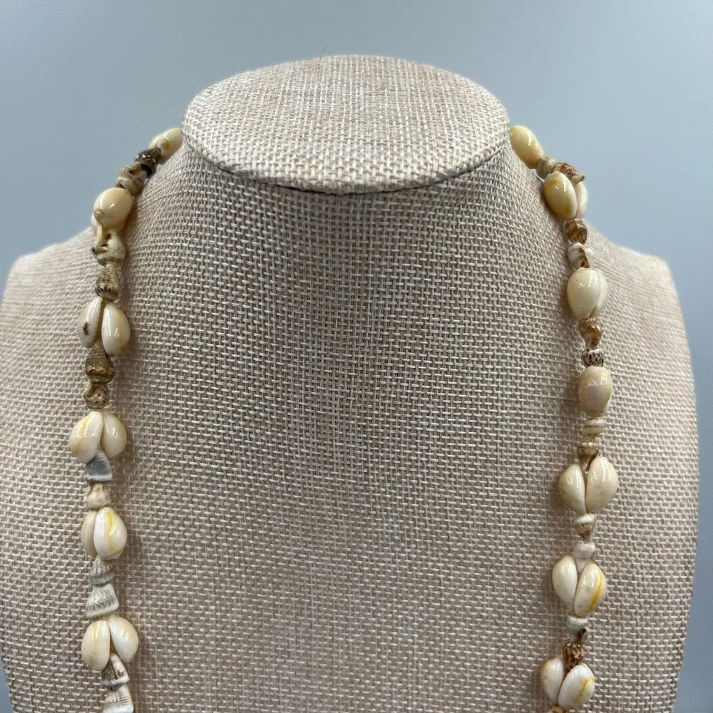 Vintage Off White Cowrie Shell Strand Necklace Long Hawaiian Beach Boho Tropical